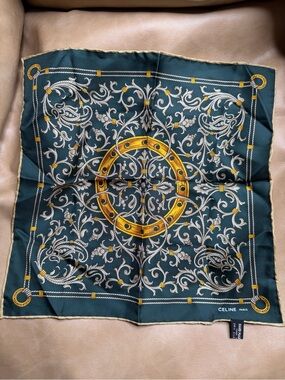 Celine Paris Silk Scarf - Deep Green with Gold